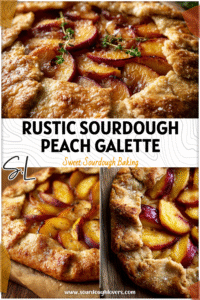 Rustic sourdough peach galette on wooden board showing golden crust and juicy peach filling.